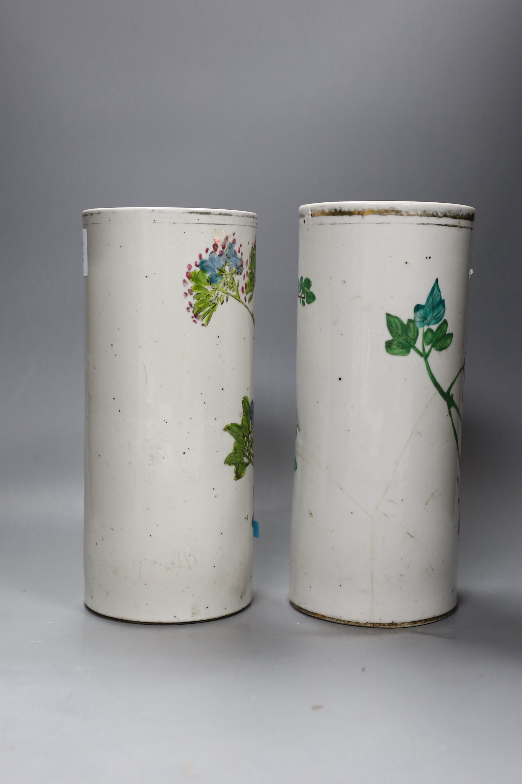 Two Chinese famille rose cylindrical vases, Republic period, 28cm tall